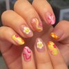 MERVF Round Press on Nails Medium Fake Nails French Tip Yellow Pink Oval Glue on Nails with Cute Flower 24pcs Glossy Acrylic Nails Stripe False Nails Press ons
