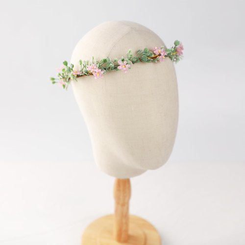KorViSHOW Handmade Pink Flower Crown Girls Hair Wreath Bridal Flower Headband Green leaf Headpiece Flower Hair Accessories for Weeding Birthday Party Cosplay