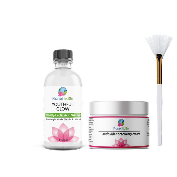 Planet Eden 80% GlyLactic Skin Chemical Peel - Glycolic & Lactic Acid Powerhouse Duo with Anti Aging Antioxidant Recovery Cream & Fan Brush - Intense Anti Aging Treatment