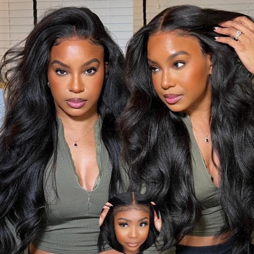 KLAIYI Kinky Edge Yaki Straight Bye Bye Knots Glueless Wig 7x5 Pre Cut Lace Front Wigs Human Hair Pre Bleached Pre Plucked Easy to Wear and Go Wig 30S Ready to Go Kinky Wig with Curly Baby Hair 24Inch