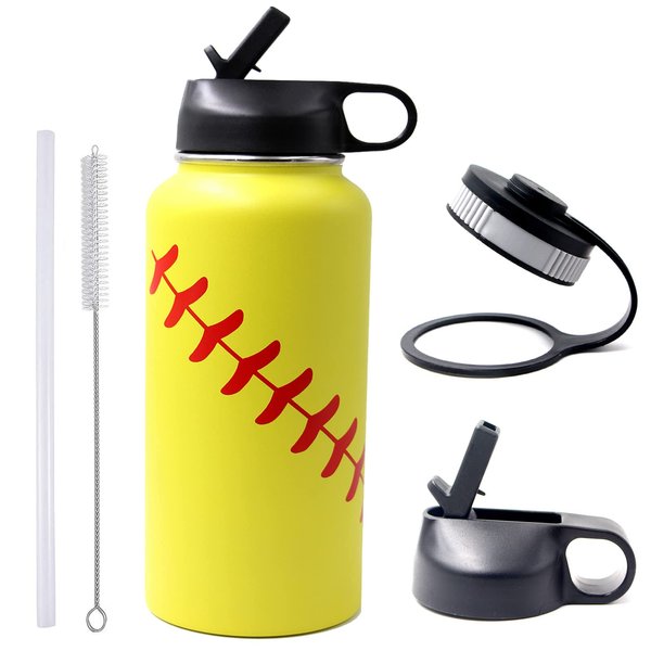 32 oz Softball Water Bottle, Flask Sports with 2 Lids 18/8 Stainless Steel Tumbler Double Wall Vacuum Insulated Hot/Cold (32oz, Yellow Softball)
