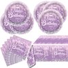 Purple Party Tableware set, Purple Happy Birthday Theme 20 Plates and 20 Napkins and Tablecloths 71 '' x 42 '' for Girls Women Silver Glitter Birthday Party Supplies