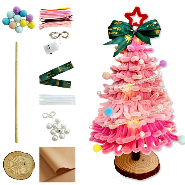 RAPOLL Christmas Tree Pipe Cleaners Craft with Lights Pipe Cleaners Bulk Glitter Chenille Stems Creative Arts Chenille Stems for DIY Craft Christmas Decoration (Pink)