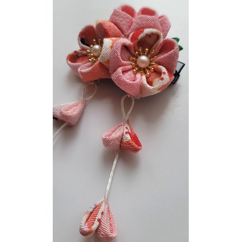 CRB Fashion Womens Kimono Traditional Tsumami Kanzashi Outfit Wedding Japanese Asian Yukata Hair Tie Flower Floral Fan Barrette Clip (Pink Multi Leaf)