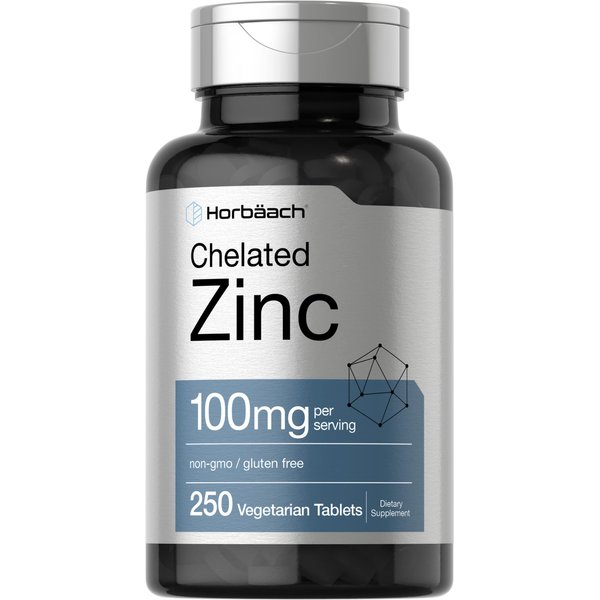 Horbaach Chelated Zinc Supplement 100mg | 250 Tablets | High Potency & Superior Absorption | Vegetarian, Non-GMO, Gluten Free