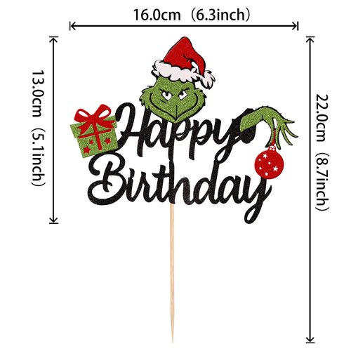 1 PCS Christmas Happy Birthday Cake Topper Assembled Glitter Santa Hat Gifts Light Green Christmas Cake Pick Decoration for Merry Christmas Baby Shower Kids Birthday Party Decorations Supplies