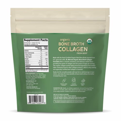 Dr. Mercola Organic Bone Broth Collagen Powder - Supports Bone Health & Muscle Growth - USDA Organic, Non-GMO, Gluten-Free & Dairy-Free - 30 Servings - Vanilla Flavor