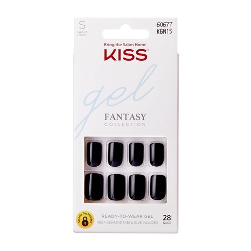 KISS Gel Fantasy Press On Nails, Nail glue included, 'Aim High', Black, Short Size, Squoval Shape, Includes 28 Nails, 2g Glue, 1 Manicure Stick, 1 Mini File, 1 Adhesive Tab