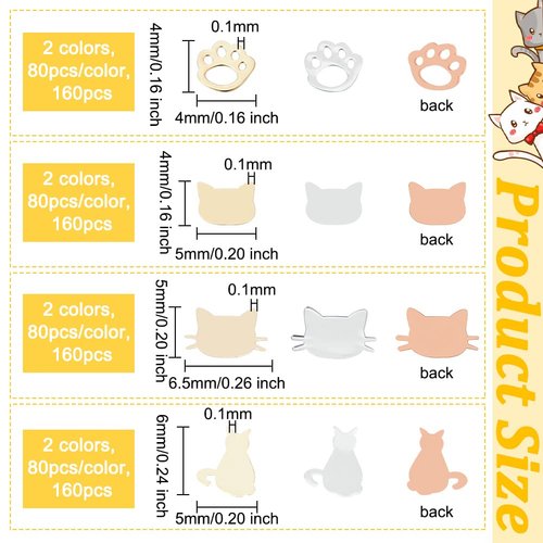 OLYCRAFT 640pcs 8 Styles Cat Nail Art Decorations Brass Resin Fillers Cat Footprint Nail Art Accessories Mini Nail Art Charms for DIY Crafts Manicure Decorations - Gold/Silver with Rose Gold Back
