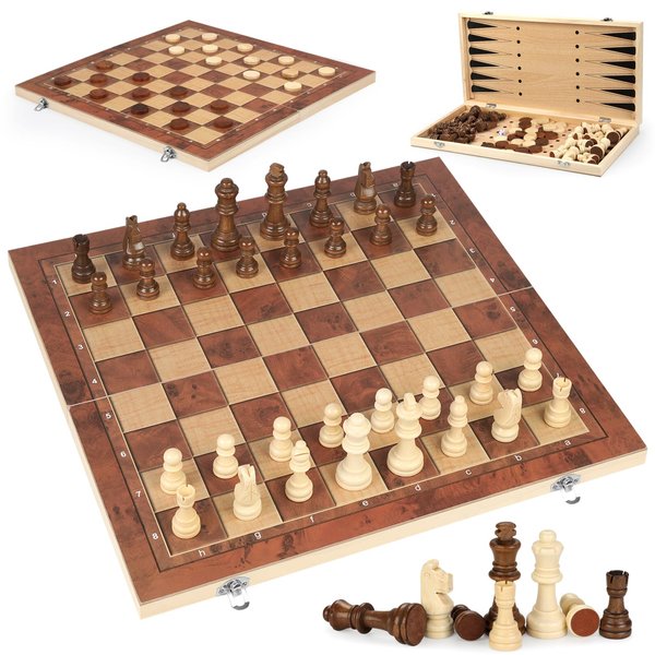 Chess Checkers Backgammon 3-in-1 Board Games Sets, Wooden Chess Set for Adults & Kids, 17.2" Lightweight Checkers Board Game,Strategy Backgammon Sets for Adults, Travel Chess Board Game Pieces Storage