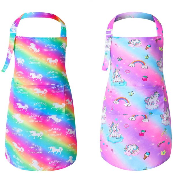 PASHOP 2 Pack Kids Apron Rainbow Unicorn Aprons With Pockets for Girls Boys Toddler Apron for Painting Cooking Baking