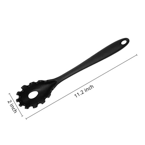 KUFUNG Silicone Pasta Fork (11.2"), High Heat Resistant to 480°F, Food Grade Pasta Spoon, BPA Free, Spaghetti Strainer & Server Spoon (Black, Noodle Spoon)