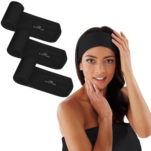 Boca Terry Spa Headband for Washing Face, Microfiber Head Bands for Women's Hair, Spa Hair Band, Makeup Headband with Terry Cloth Lining, 3-Pack - Black