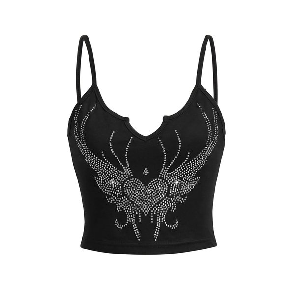 SOLY HUX Women's Y2k Gothic Lace Trim Cami Crop Top Sleeveless Sexy Tank Tops Camisole Clubwear Outfit Black Rhinestone Heart S