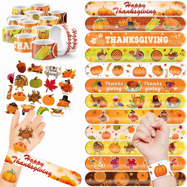 48 Thanksgiving 24PCS Thanksgiving Temporary Tattoos Sticker 24PCS Slap Bracelets Perfect for Themed Birthday Baby Showers or Classroom Rewards Ideal Decor and Gifts for Girls and Boys