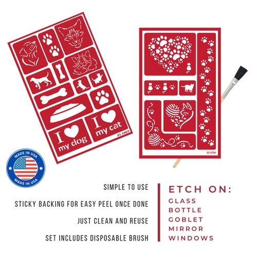 2 Etching Stencils Reusable Template - Kitty Stencils for Painting, Crafting - Kitty Cat Etch Stencil, Puppies, Cat Paw Print Theme - Self Stick Stencil Set with Brush