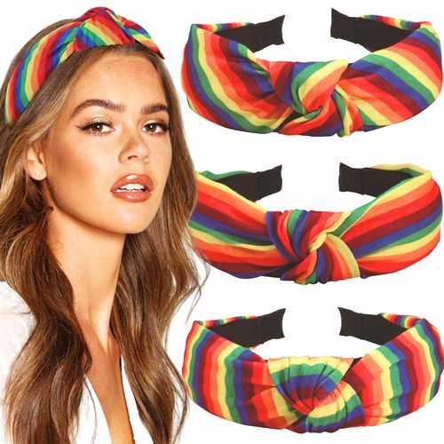 BASEMMAHER 3Pcs Rainbow Headbands Colorful Stripes Knotted Headband Gay Pride Day Wide Hair Band LGBTQ Non Slip Hairband Hair Accessories for Women Girls Pride Day Parade Party Makeup Decor Supplies