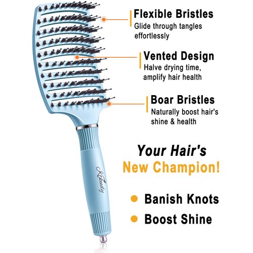 KTKUDY Wet & Dry Vented Detangling Hair Brush - Glides Through Tangles Detangler Brush with Boar Bristles For Women Men & Kids - Faster Blow Drying - Curved HairBrush