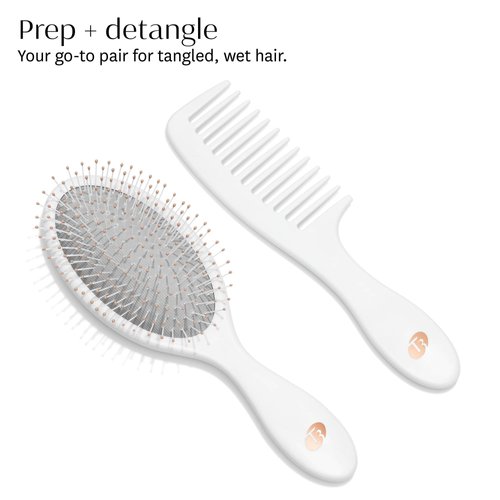 T3 Detangle Duo Brush Set | Detangling Brush and Shower Comb Set | Comb to Disperse Liquid & Brush to Detangle Wet Hair| For All Hair Lengths and Textures, white, 1 Count (Pack of 1)