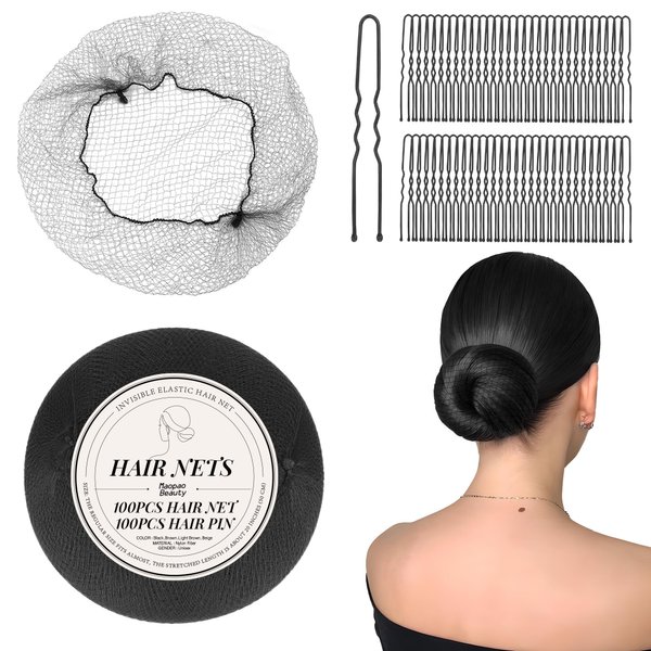 200PCS Hair Net Black 100Pcs 20 inches Invisible Nylon Hair Nets for Women and Men 100 Pcs U Shaped Hair Pins Set for Women - Perfect for Hair Bun, Sleeping, & Kitchen Food Service(200PCS Sets,Black)