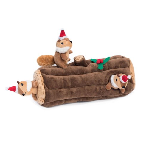 ZippyPaws Burrow Puzzle Plush Dog Toy, Interactive Squeaky Toy for Enrichment, Hide and Seek Game for Small to Medium Dogs, Yule Log