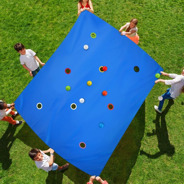 Kathfly Blue Hole Tarp Team Building Game 98 x 70 Inch Learning Fun Team Building Games for Work with 8 Pcs Team Building Ball for Teamwork Group