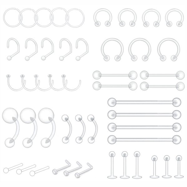 ZUYASSNEI 48pcs Clear Piercing Retainers Bioflex Nose Tongue Belly nipple rings Plastic Earings Eyebrow Cartilage Tragus Lip Septum Hoop Nose Stud Industrial Bar Piercing Jewelry For Surgery.