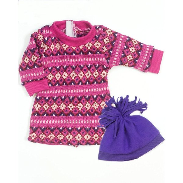 Sophia's Cute Mix & Match Fair Isle Pattern Knit Long-Sleeved Sweater Dress & Winter Pom-Pom Hat for 18” Dolls, Hot Pink/Purple