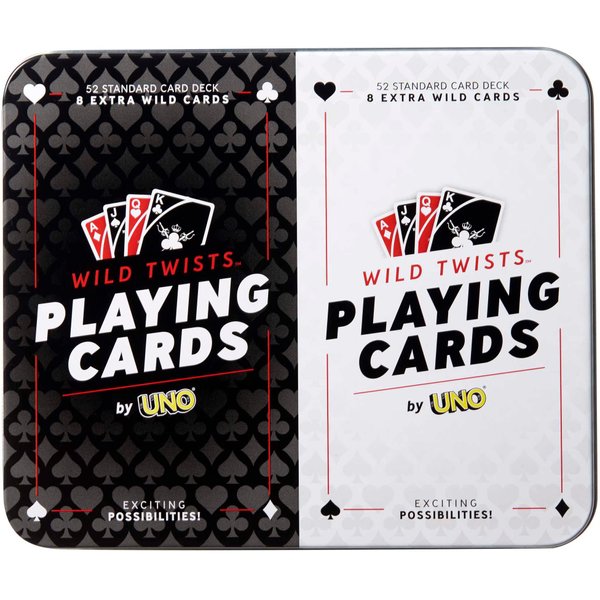 Mattel Games Wild Twists Playing Cards by UNO Brand, 2 Sets of Standard 52-Card Deck Plus 8 Special Wild Cards in Storage Tin