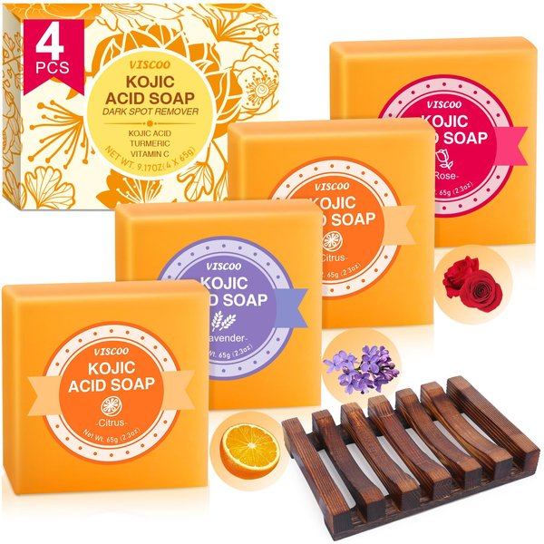 VISCOO Kojic Acid Soap, 3 Fragrances Turmeric Soap Bar, Dark Spot Remover for Face and Body, Contains Vitamin C, Hyaluronic Acid, Shea Butter, Even Tone Skin, with Wooden Soap Rack- 4 Pack