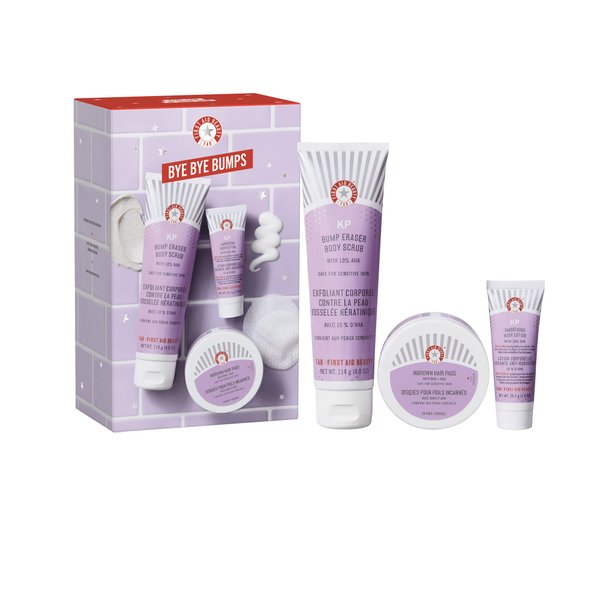 First Aid Beauty Bye Bye Bumps Kit – 3 Exfoliating Favorites – KP Bump Eraser Body Scrub with 10% AHA, 4 oz, KP Smoothing Body Lotion, 1 oz, + Ingrown Hair Pads, 28 Count