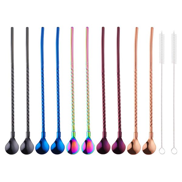 Color ME 10 pcs Metal Straw Spoons with 2 Cleaning Brushes, Reusable Drinking Spoon Straws for Iced coffee, Iced tea, Milkshake, Cocktail, Smoothies