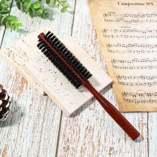 Small Boar Bristle Hair Brush, Portable Round Natural Bristle Travel Brush with Wood Handle for Thin or Short Hair, Adding Volume, Mini Beard Brush for Men
