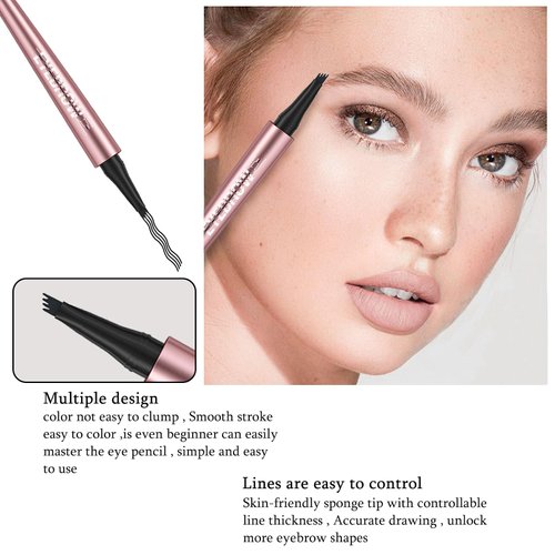 Eyebrow Pencil for Women, 4 Fork Tip Microblading Eyebrow Pen, 3D Waterproof Tattoo Pencil Natural Eye Brow Pencil, Fine Stroke for Brows, Black