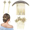 4 PACK Stars and Moons Hair Accessories Alloy Vintage Hair Side Combs, Rhinestone Wedding Bride Headpieces, Gold Rhinestones Star Hair Comb