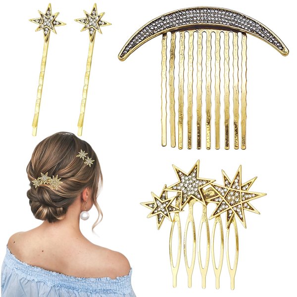 4 PACK Stars and Moons Hair Accessories Alloy Vintage Hair Side Combs, Rhinestone Wedding Bride Headpieces, Gold Rhinestones Star Hair Comb