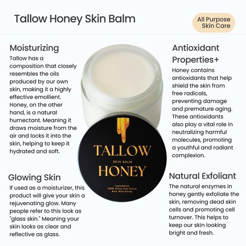 Handmade Tallow Honey Moisturizer | 100% Grass-Fed Tallow + Raw Wild Honey | Whole Body & Face Moisturizer | Whipped & Unscented Balm - 2 oz.