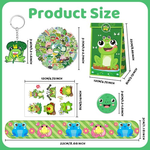 Lcnjscgo 110 PCS Frog Party Favors, Frog Temporary Tattoos Slap Bracelets Keychains Stickers Badges Gift Bags for Frog Birthday Party Decorations Supplies Gifts for Kids Classroom Rewards Baby Shower