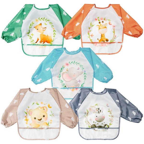R HORSE 5Pcs Long Sleeved Bib for Babies Toddlers Woodland Waterproof Baby Bibs Infants Feeding Bibs with Great Capacity Pocket Safari Jungle Smock Baby Shower Birthday Gift for 6-36 Months