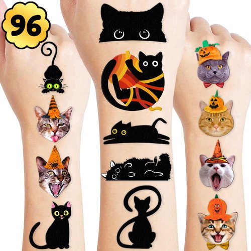 96 PCS Black Cat Temporary Tattoos Theme Birthday Party Supplies Decorations Favors Decor Cute Halloween Magic Cats Pet Tattoo Stickers Gifts for Games Kids Girls Boys Classroom School Prizes Carnival