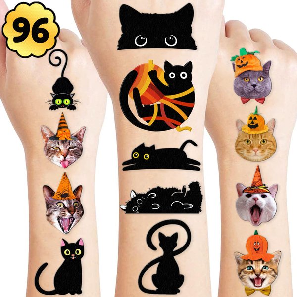 96 PCS Black Cat Temporary Tattoos Theme Birthday Party Supplies Decorations Favors Decor Cute Halloween Magic Cats Pet Tattoo Stickers Gifts for Games Kids Girls Boys Classroom School Prizes Carnival