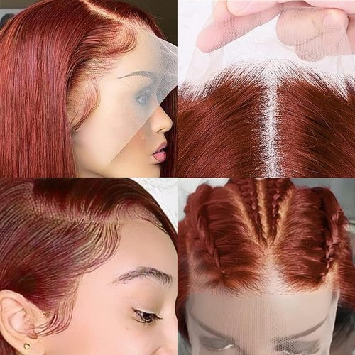 Reddish Brown Short Bob Lace Front Wigs Human Hair 13x4 Auburn Colored Brown Copper Red HD Transparent Glueless Straight Lace Frontal Wigs Brazalian Virgin Human Hair Pre plucked with Babe Hair 14 Inc