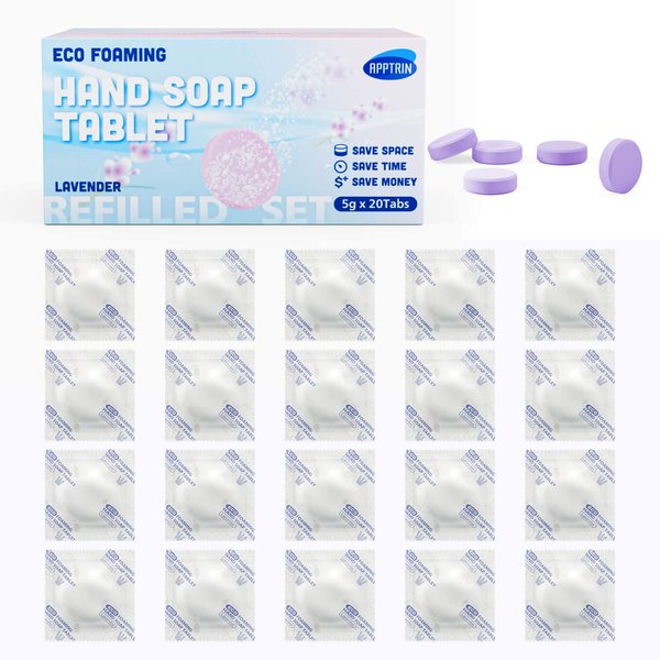 apptrin Foaming Hand Soap Refills Tablets 20 Pack, 174 fl oz (Make 20 x 8.7 fl oz Foam bottles of soap), Dissolvable Smart Hand Soap Refills, Eco-Friendly Packaging, Cleaning Supplies Lavender