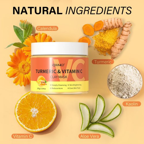RIHAKO Turmeric Vitamin C Clay Mask -Turmeric Facial Mask - Clay Face Mask Skincare, Deep Cleansing Face Mask, Acne Face Mask for Dark Spots, Dull Skin, Refining Pores and Controlling Oil