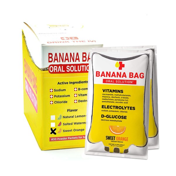 Banana Bag Oral Solution - Pharmacist Hydration Recovery Formula - Electrolyte & Vitamin Powder Packet Drink Mix (Sweet Orange 30-Pack Box)