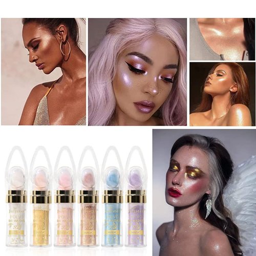 Polvo De Hadas Makeup Powder, Highlighter Powder Stick Body Shimmer Patting Powder Glitter High Gloss Sparkle Loose Brighten Face Body Lips Eyes Glow Cosmetic White Moonbeam (6 Colors Set)