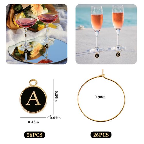 26 Pieces Wine Charms Wine Glass Charms with Rings Tags Wine Glass Letters Markers Wine Charms for Stem Glasses Party Favors Decorations