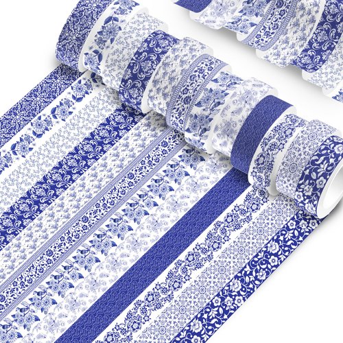 Bolsome 12Rolls Blue Floral Washi Tape Vintage Flowers Washi Tape Chinoiserie Design Decorative Tape for Wedding Birthday Envelope Scrapbook Craft Supplies