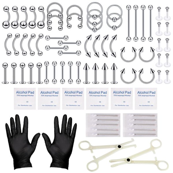 Longbeauty 80PCS Body Piercing Kit Belly Button Rings Tongue Ear Tragus Cartilage Helix Daith Rook Lip Eyebrow Nose Rings Surgical Steel 14G 16G Piercing Needles Tools