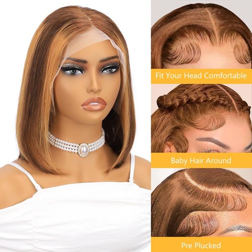 Royal Lady Highlight 13x4 HD Lace Front Wigs Ombre P4/27 Human Hair Bob Wigs Colored Lace Frontal Wigs for Women Glueless Pre Plucked with Baby Hair 180% Density Straight Short Bob Wigs 10 Inch